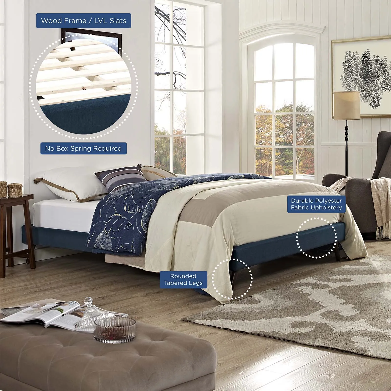 Loryn Queen Fabric Bed Frame with Round Splayed Legs Azure MOD-5891-AZU