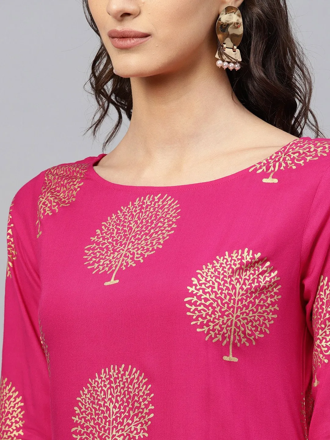 Magenta Printed Kurta Set With Navy Blue Palazzo