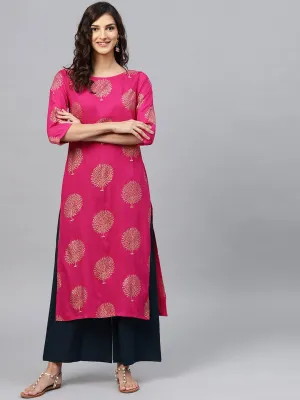 Magenta Printed Kurta Set With Navy Blue Palazzo