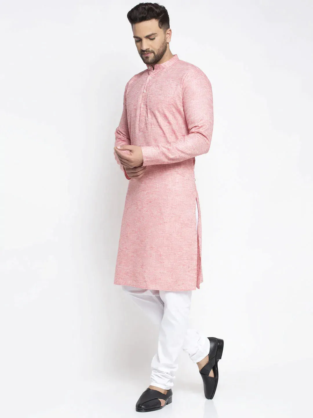 Men Pink & White Self Design Kurta With Pyjamas