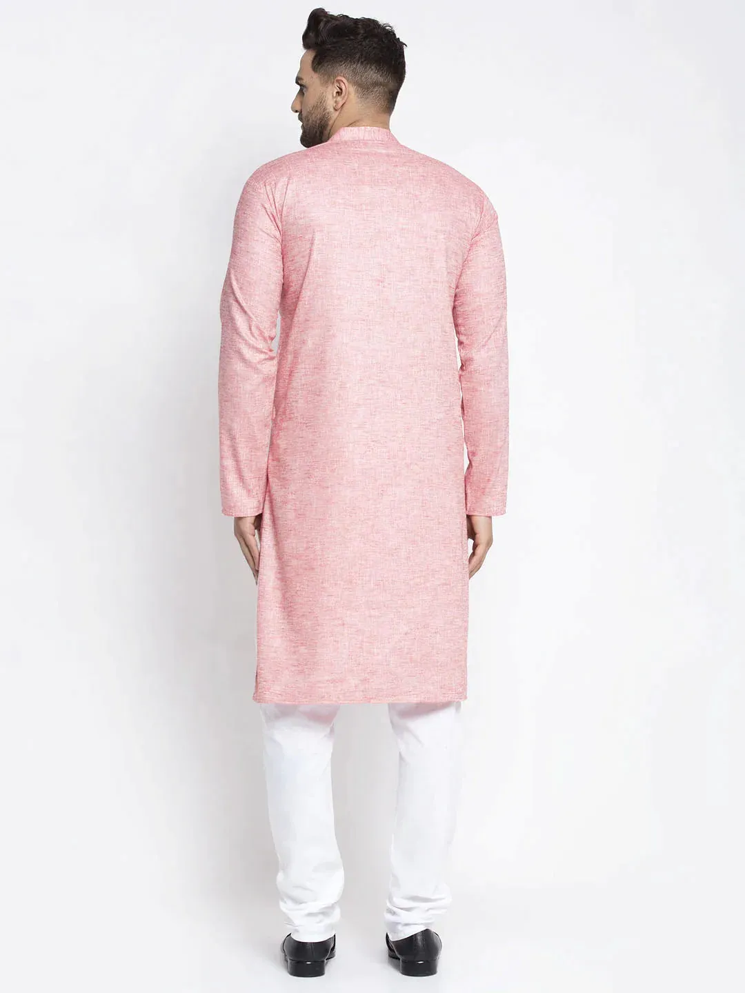 Men Pink & White Self Design Kurta With Pyjamas