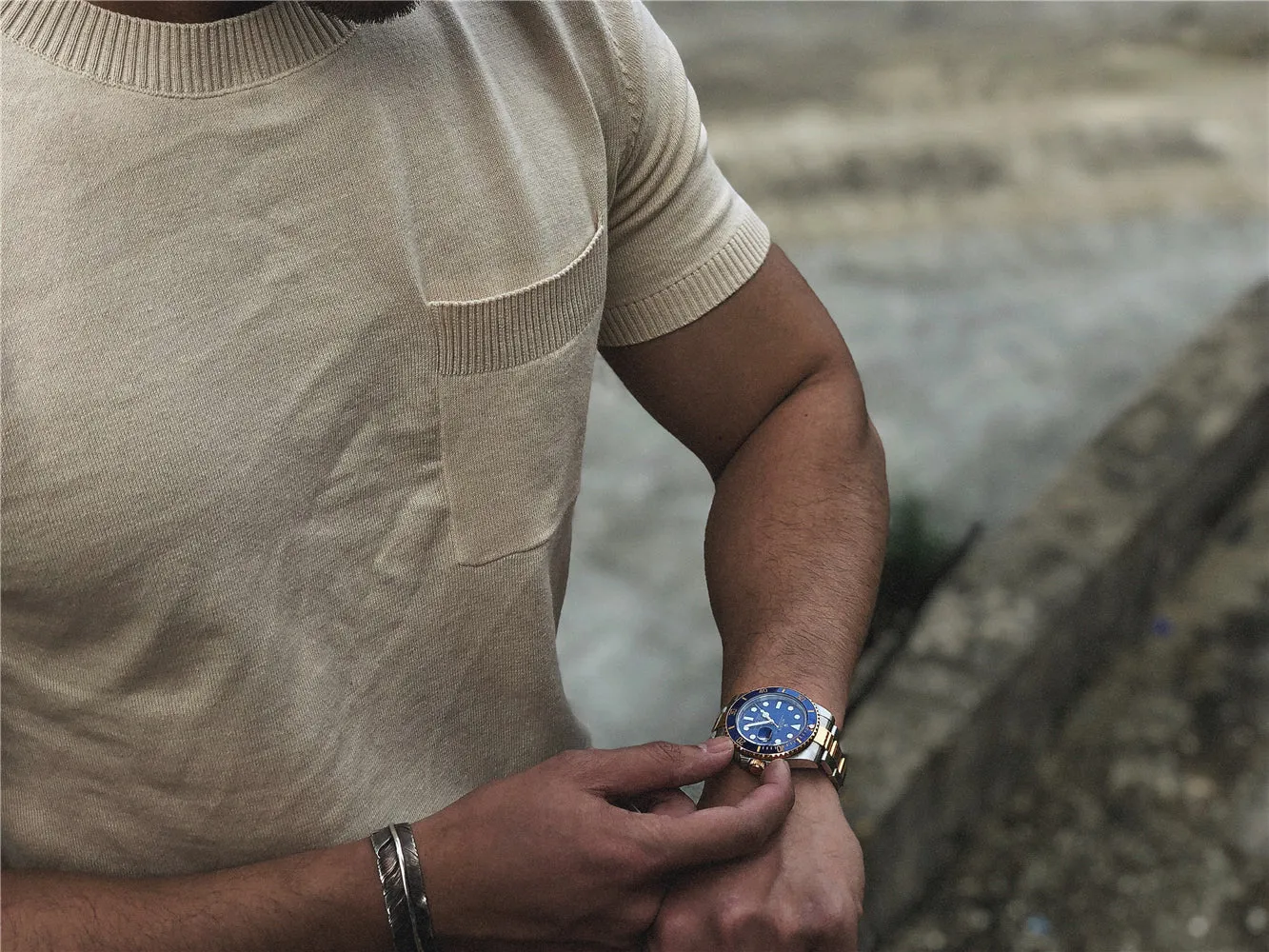 Men's Knitted Pocket T-shirt Short Sleeves