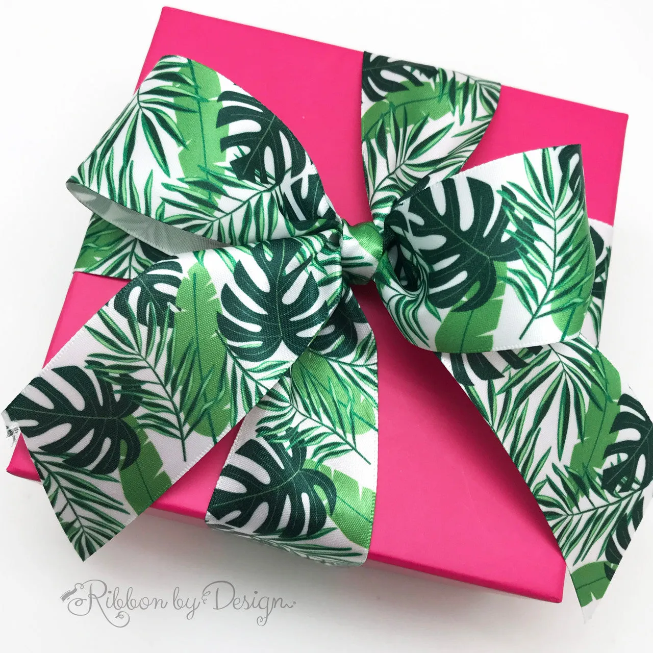 Palm fronds Ribbon printed on 1.5"white single face satin