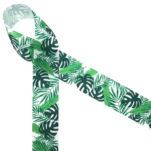 Palm fronds Ribbon printed on 1.5"white single face satin