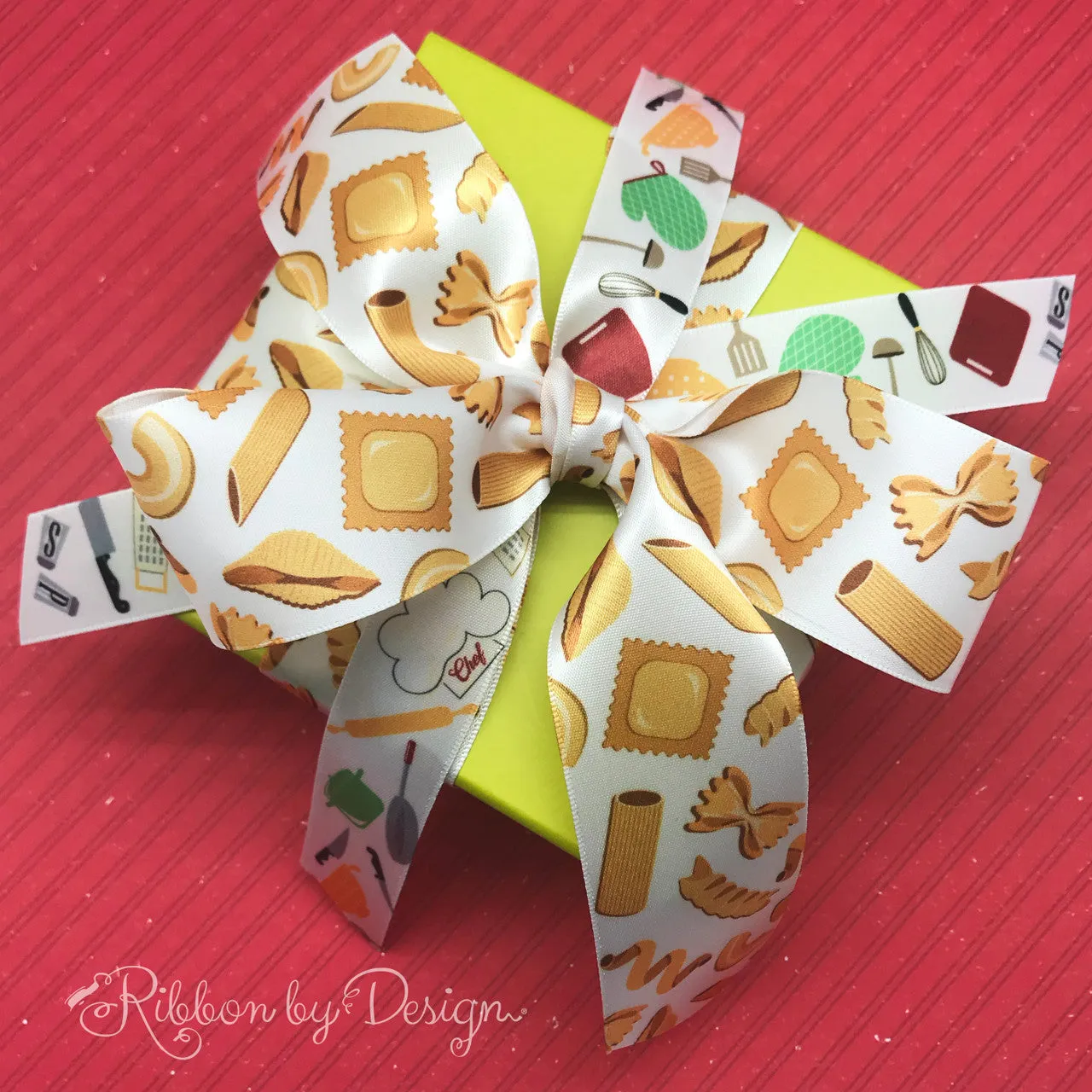 Pasta ribbon printed on 1.5" white single face satin