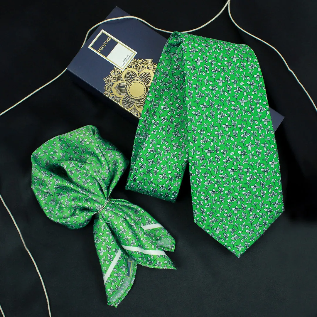 Peluche Emerald Foliage Green Broad Neck Tie & Pocket Square Set for Men