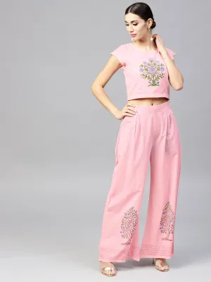 Pink Cap Sleeve Block Printed Cotton Crop Top With Block Printed Palazzo