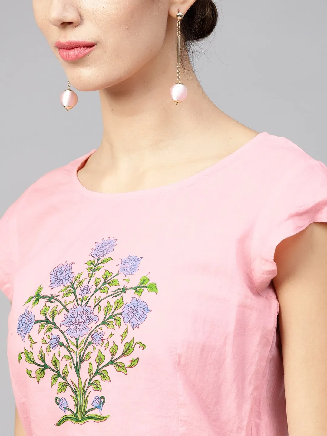 Pink Cap Sleeve Block Printed Cotton Crop Top With Block Printed Palazzo