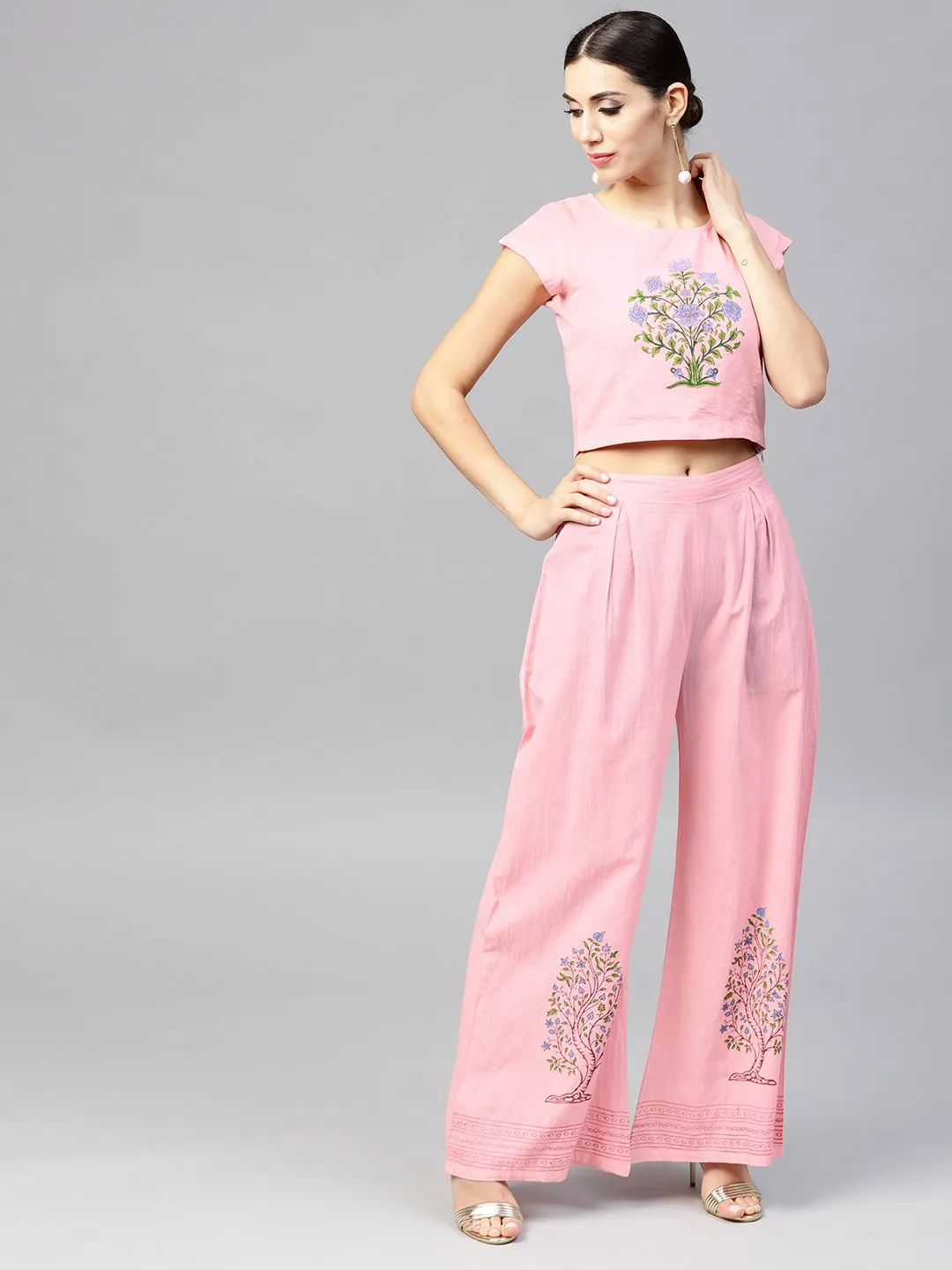 Pink Cap Sleeve Block Printed Cotton Crop Top With Block Printed Palazzo
