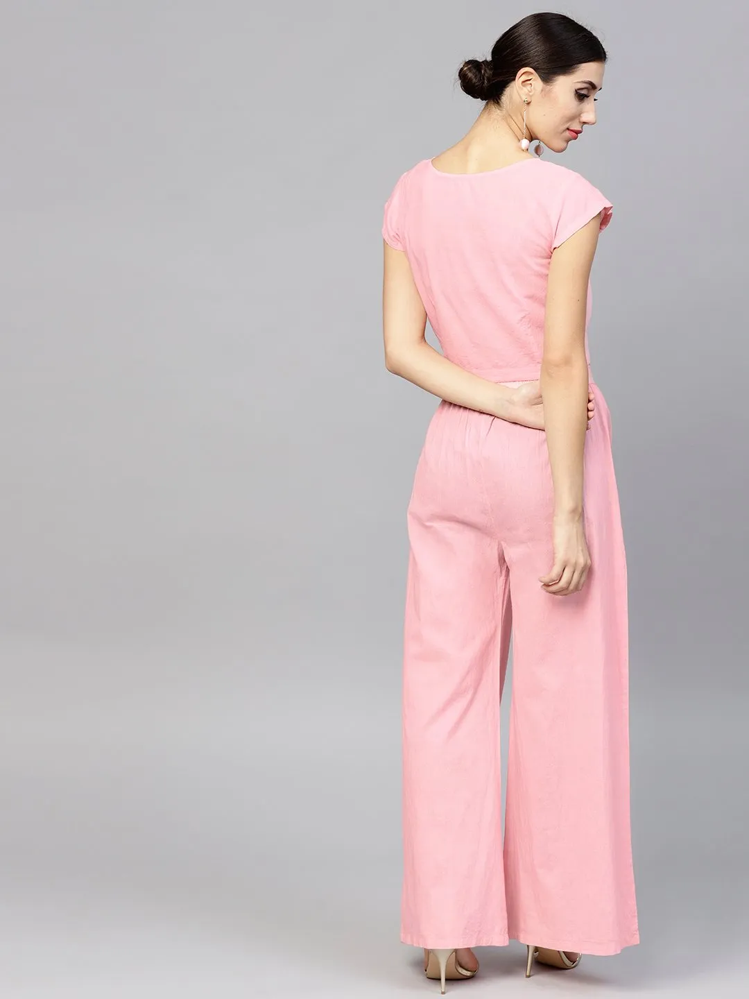 Pink Cap Sleeve Block Printed Cotton Crop Top With Block Printed Palazzo