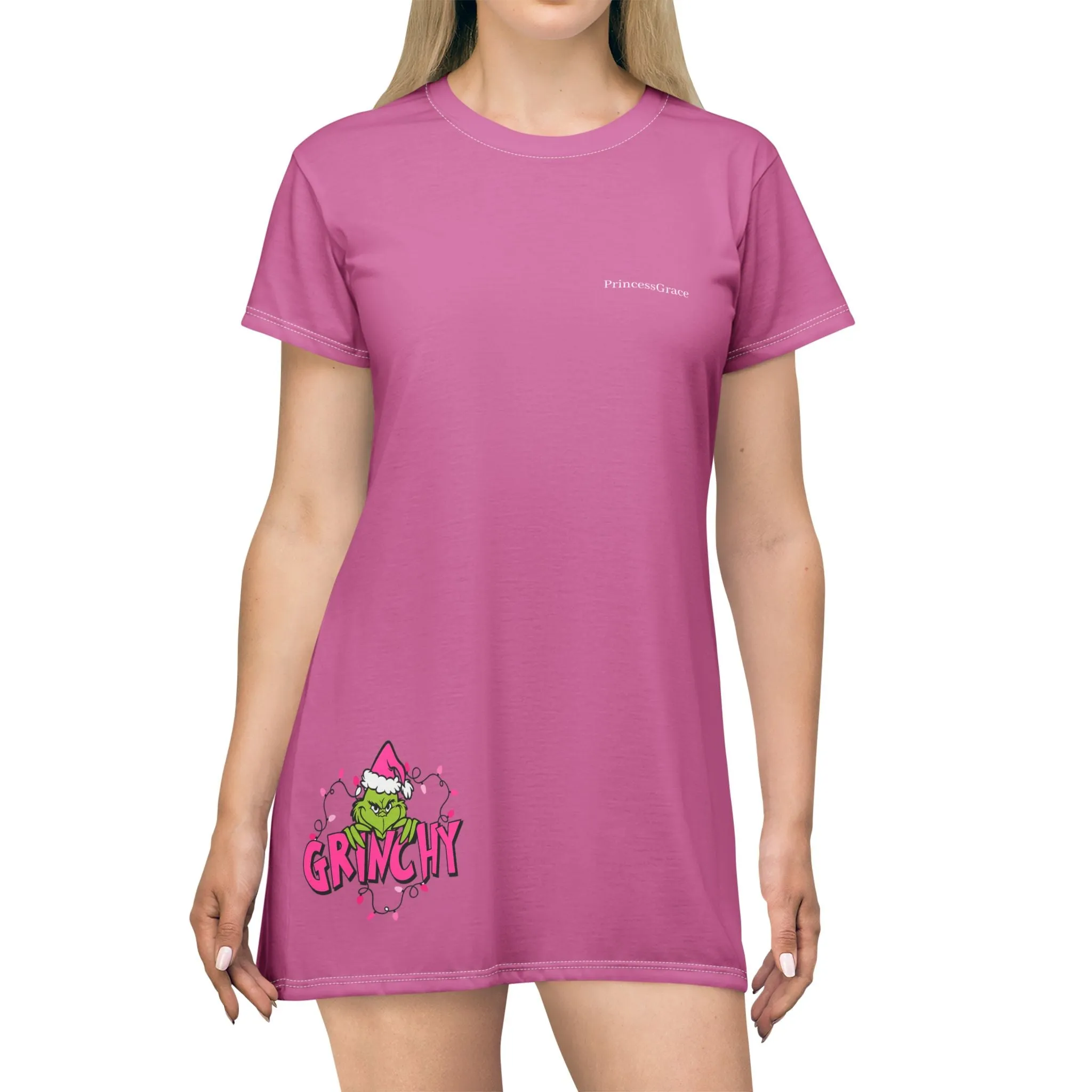 Princess Grace Grinchy Pink T-Shirt Dress - Festive & Fun Holiday Style