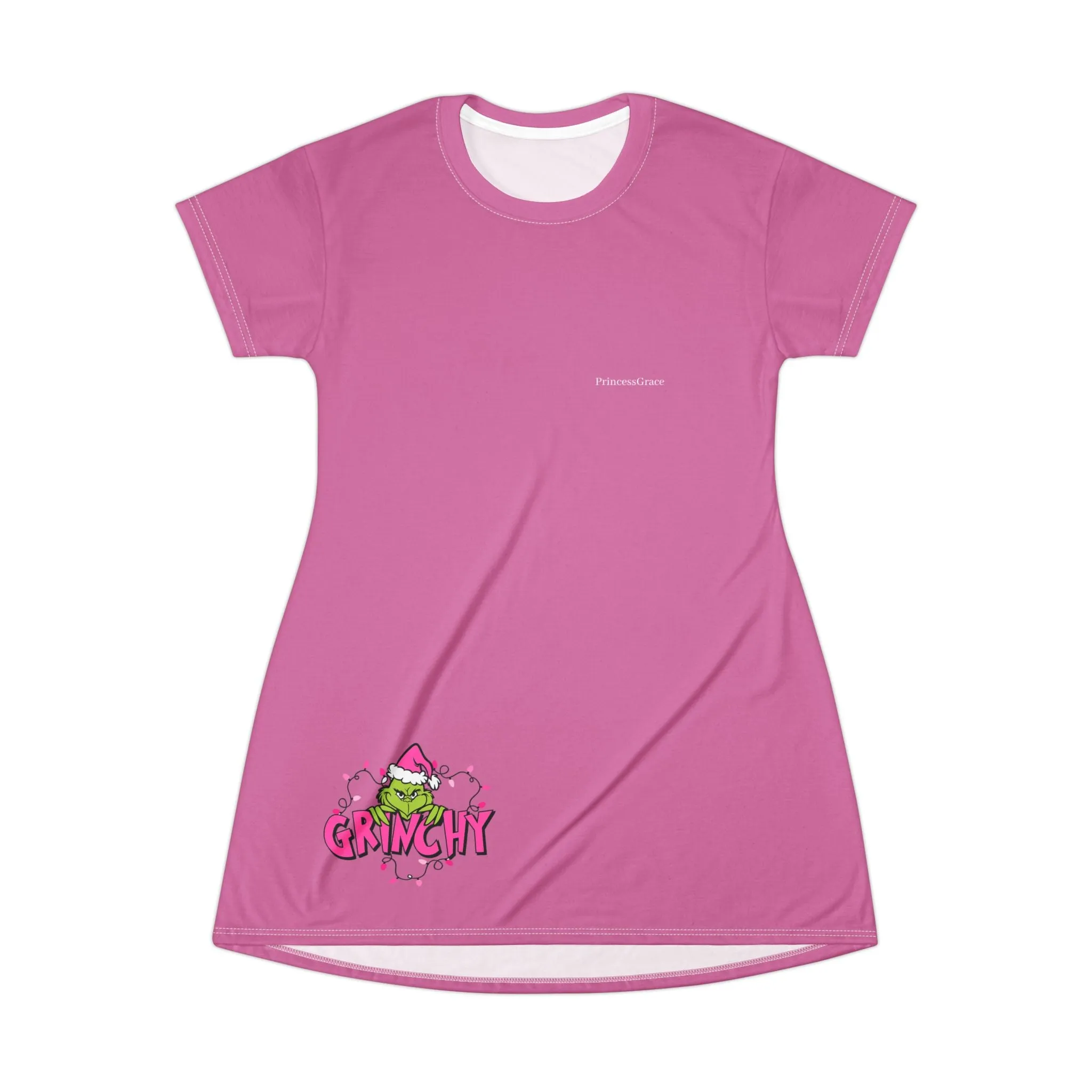 Princess Grace Grinchy Pink T-Shirt Dress - Festive & Fun Holiday Style