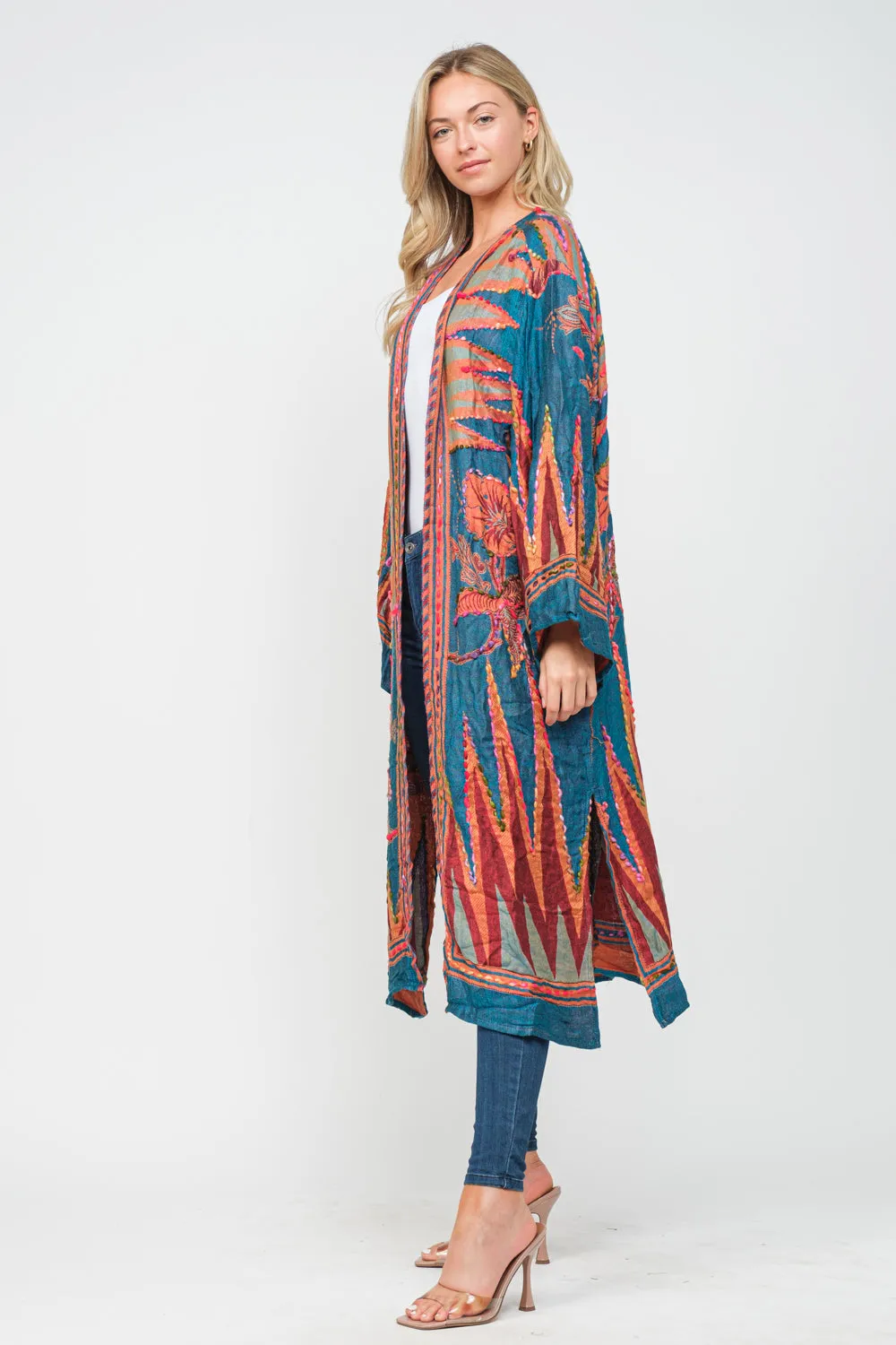 RAJ MEGHAN CERULEAN ORANGE THICK STITCH EMBROIDERED DUSTER