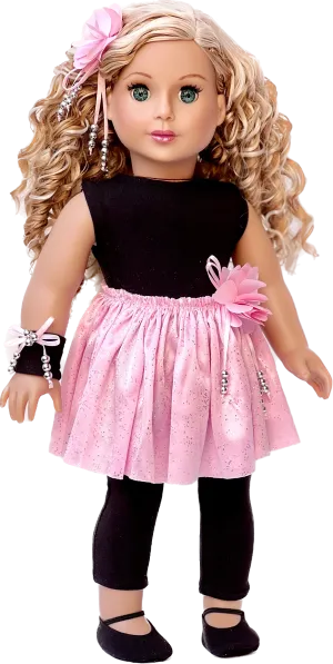 Show Time - Ballet Outfit for 18 inch Doll - Black Unitard, Pink Tutu Skirt, Slippers, Corsage, Hair Piece and Wristband
