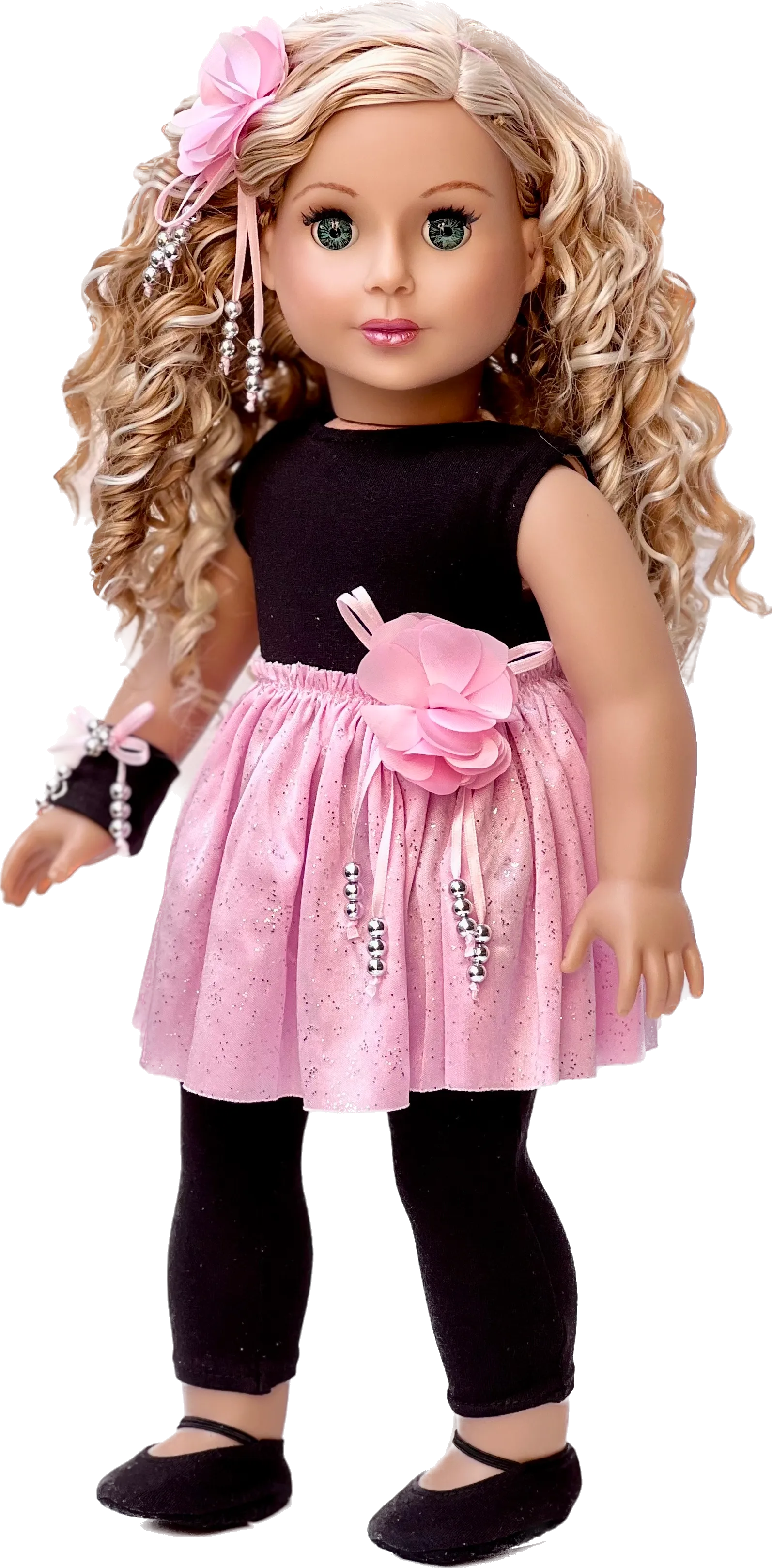 Show Time - Ballet Outfit for 18 inch Doll - Black Unitard, Pink Tutu Skirt, Slippers, Corsage, Hair Piece and Wristband