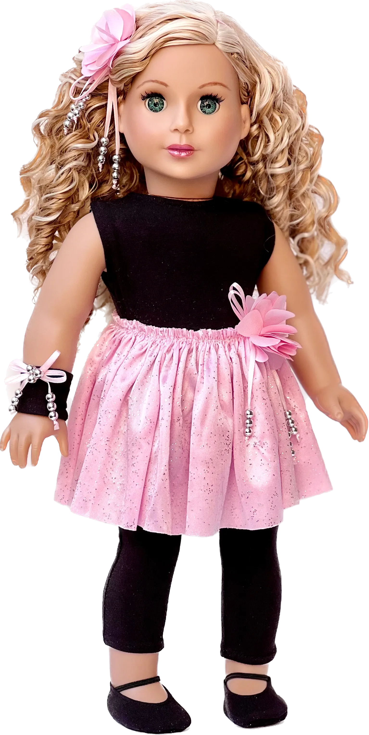 Show Time - Ballet Outfit for 18 inch Doll - Black Unitard, Pink Tutu Skirt, Slippers, Corsage, Hair Piece and Wristband