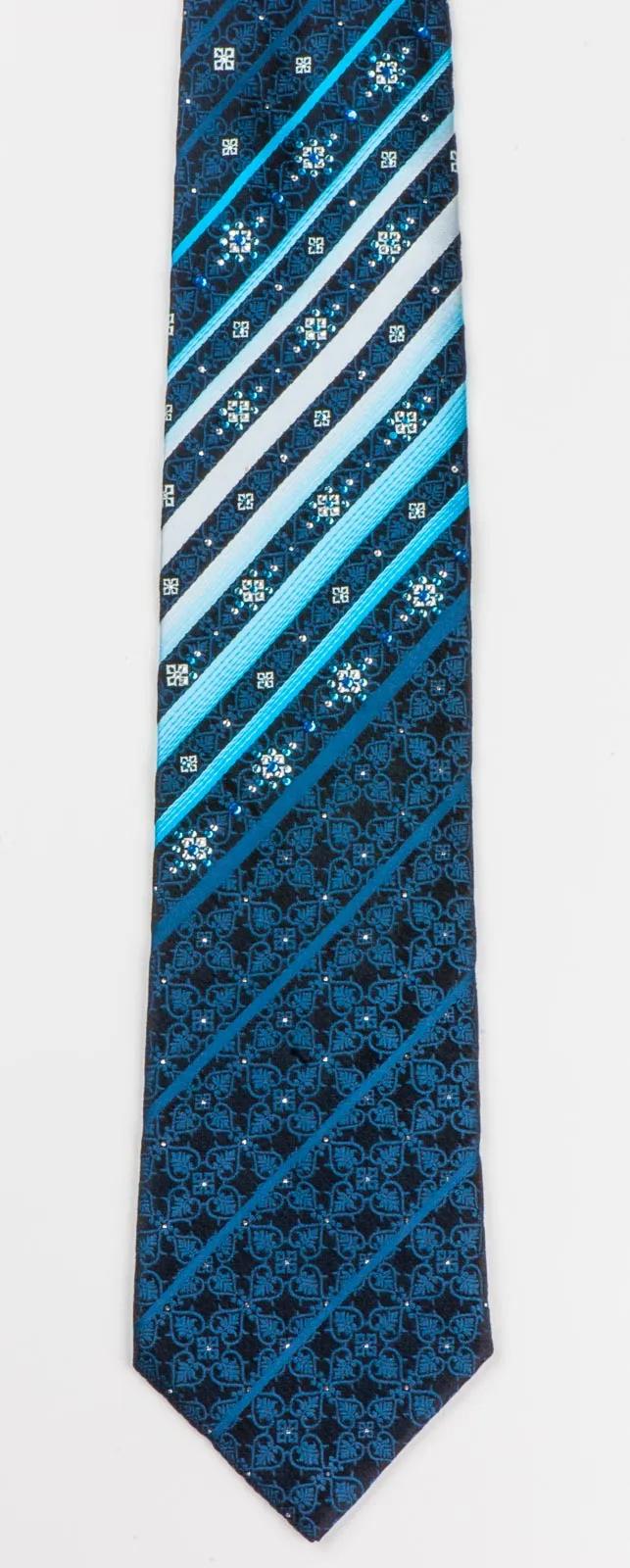 Smalto Silk Necktie Blue Stripes Anthemion Motif On Black With Rhinestones