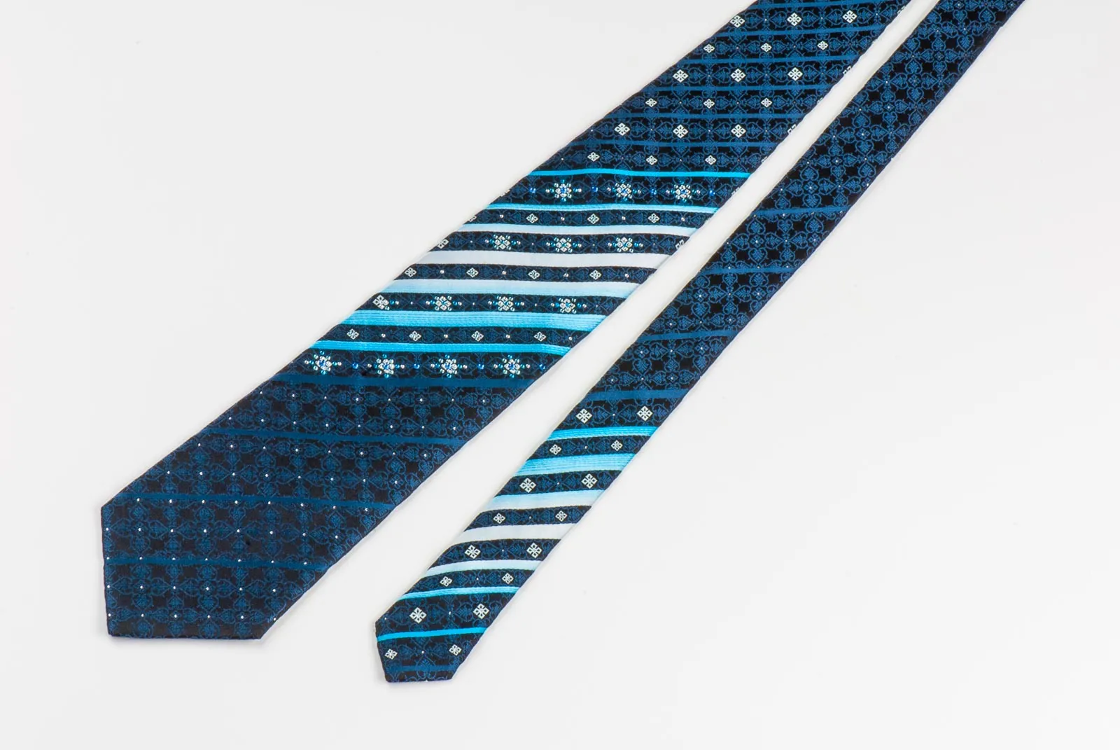 Smalto Silk Necktie Blue Stripes Anthemion Motif On Black With Rhinestones