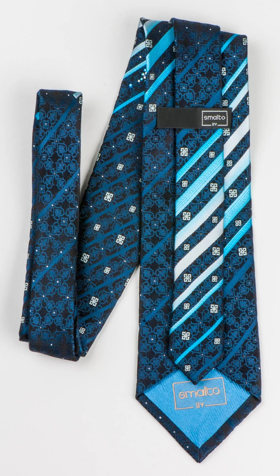 Smalto Silk Necktie Blue Stripes Anthemion Motif On Black With Rhinestones