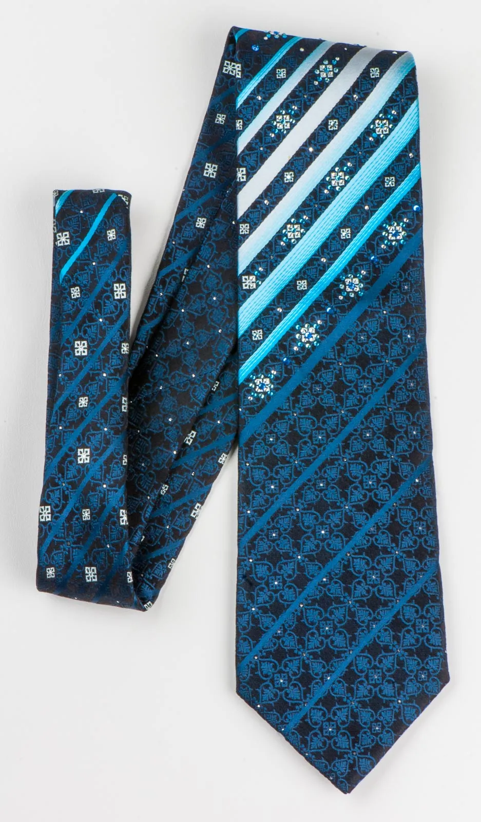 Smalto Silk Necktie Blue Stripes Anthemion Motif On Black With Rhinestones