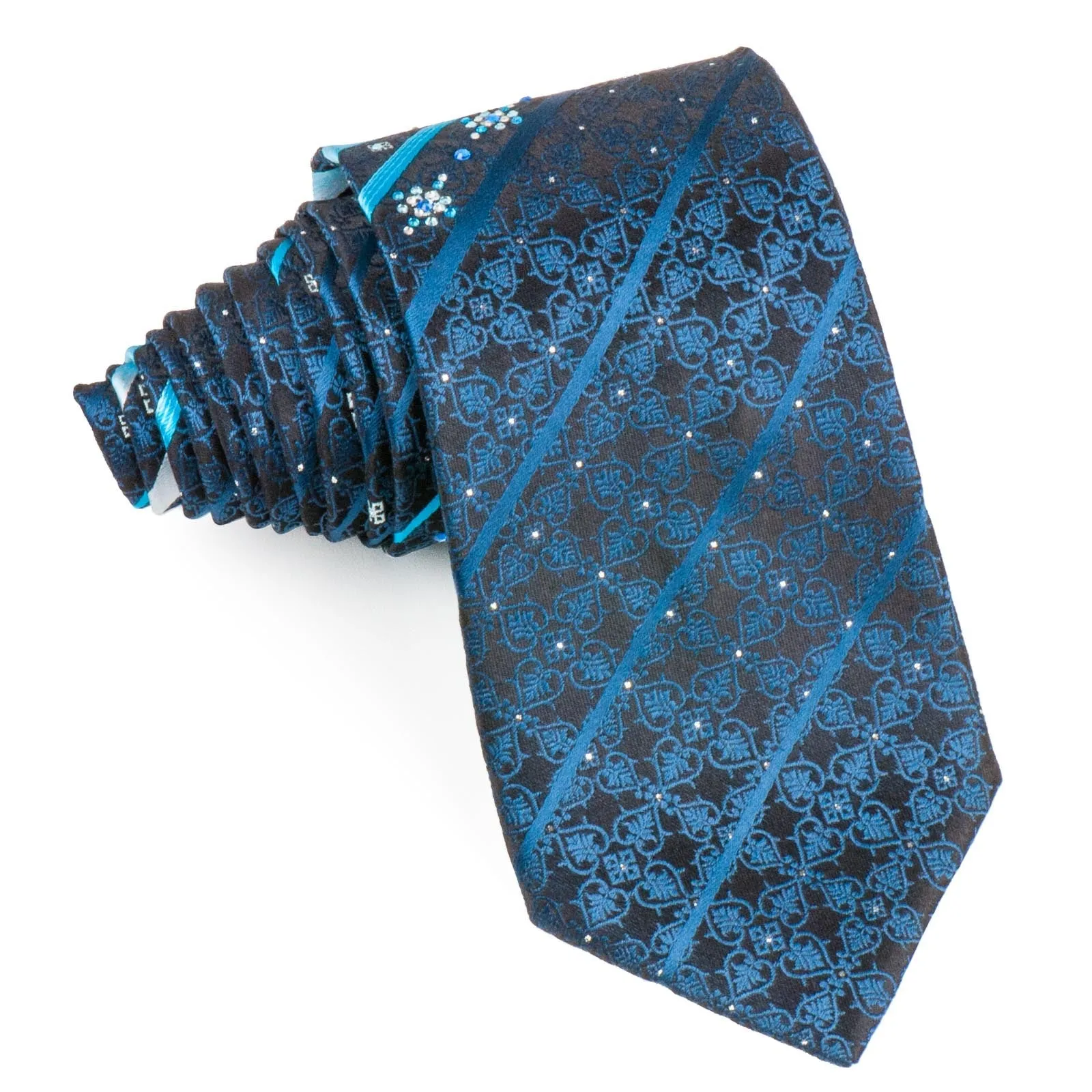 Smalto Silk Necktie Blue Stripes Anthemion Motif On Black With Rhinestones