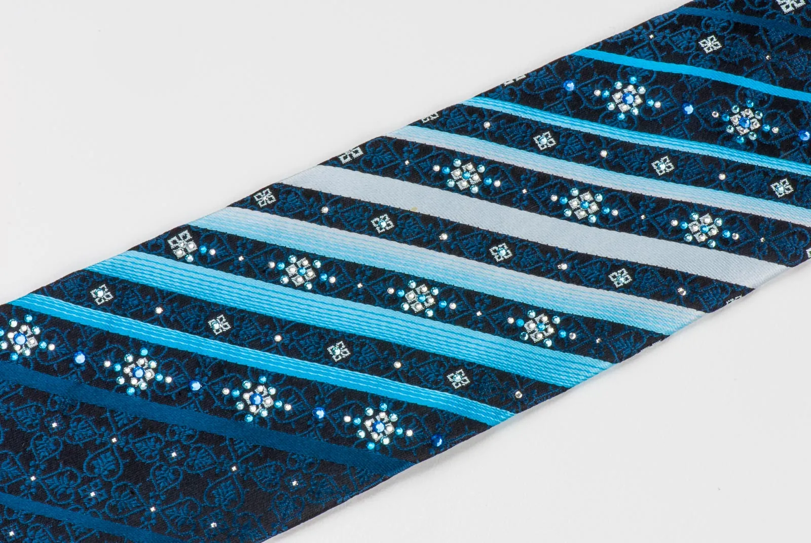 Smalto Silk Necktie Blue Stripes Anthemion Motif On Black With Rhinestones