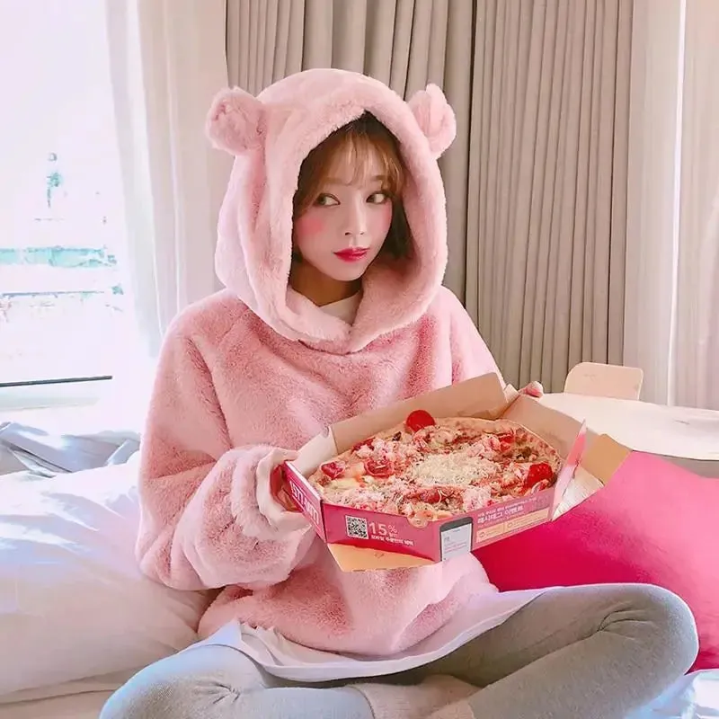 Soft Cozy Charm Pink Bear Fur Hoodie