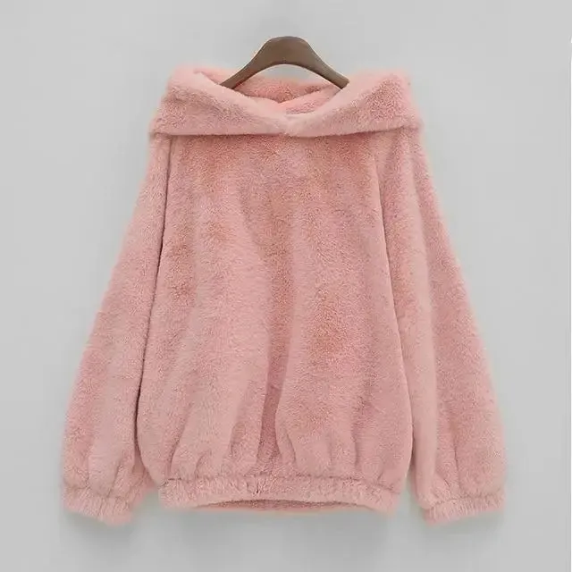 Soft Cozy Charm Pink Bear Fur Hoodie