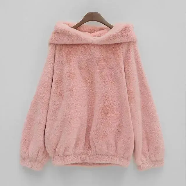 Soft Cozy Charm Pink Bear Fur Hoodie