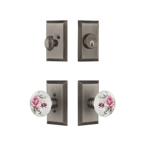 Studio Entry Set with White Rose Porcelain Knob in Antique Pewter