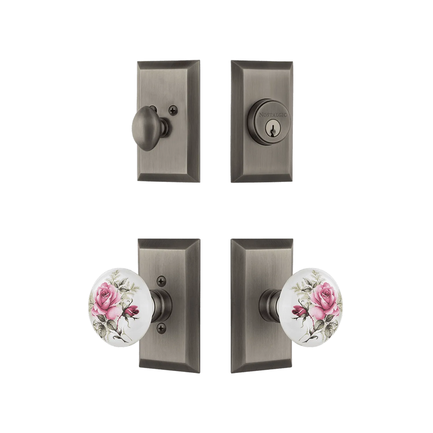 Studio Entry Set with White Rose Porcelain Knob in Antique Pewter