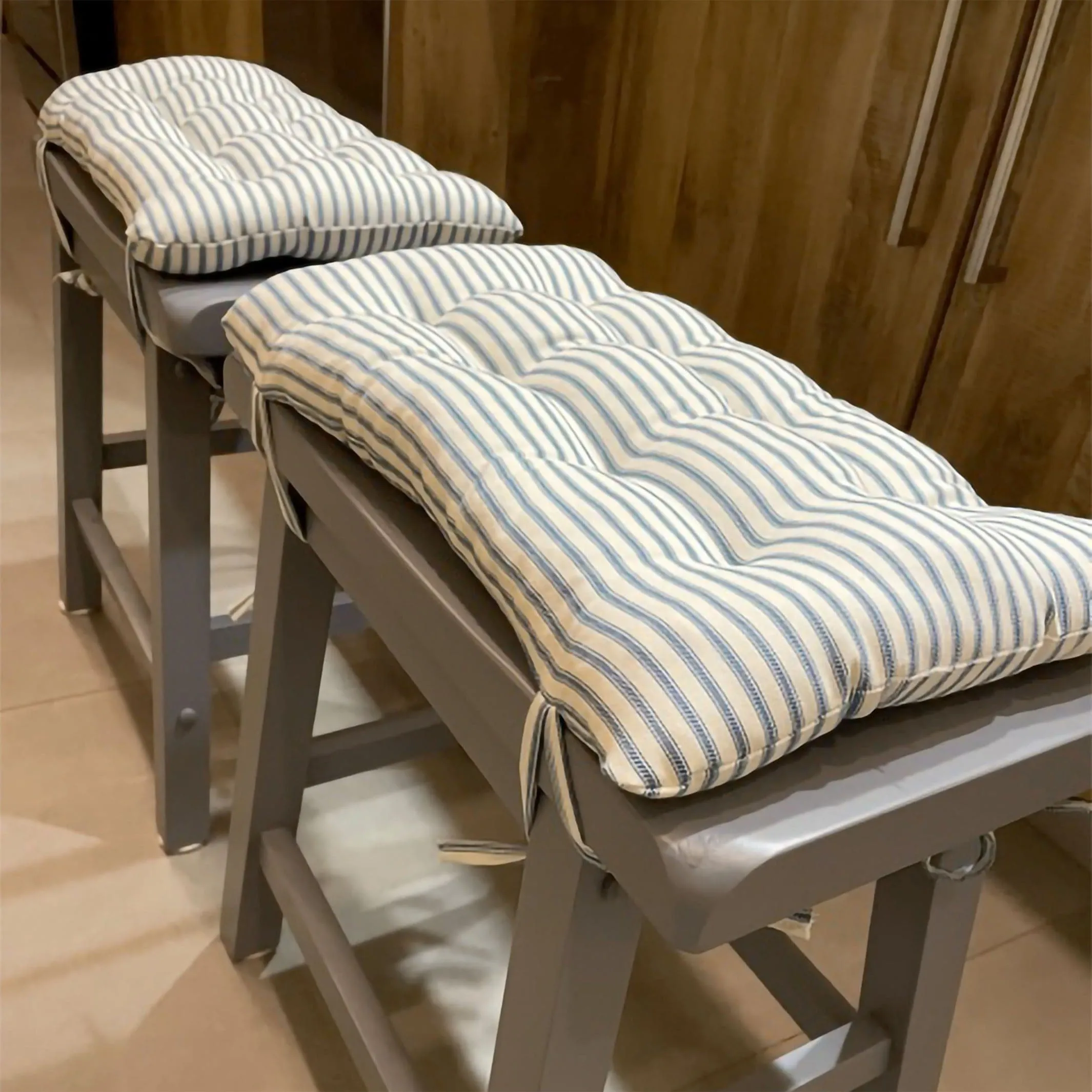 Ticking Stripe Navy Blue Saddle Stool Cushions - Gaucho Stool - Satori Seat Cushions