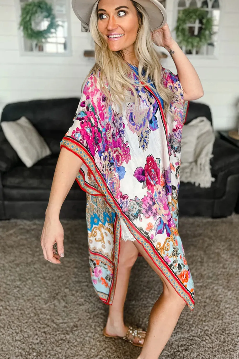 White Floral Print Loose Fit Batwing Sleeve Boho Cover-up