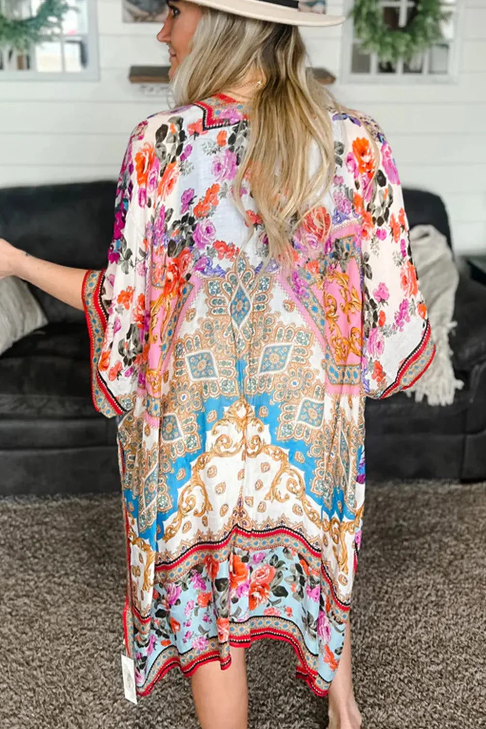 White Floral Print Loose Fit Batwing Sleeve Boho Cover-up