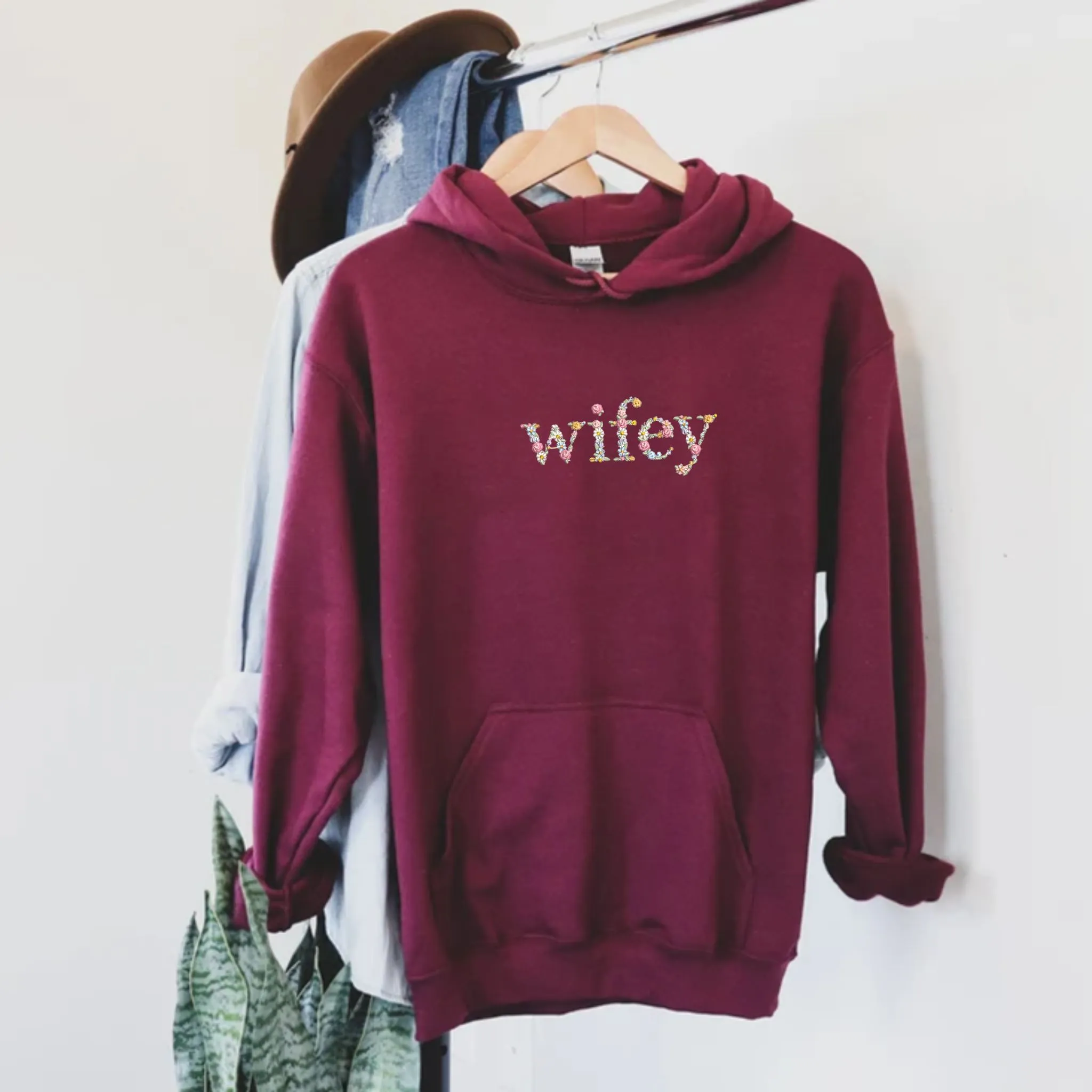 Wifey Hoodie Custom Text Embroidered with Day On Sleeve, Best Valentine Gift For Wife