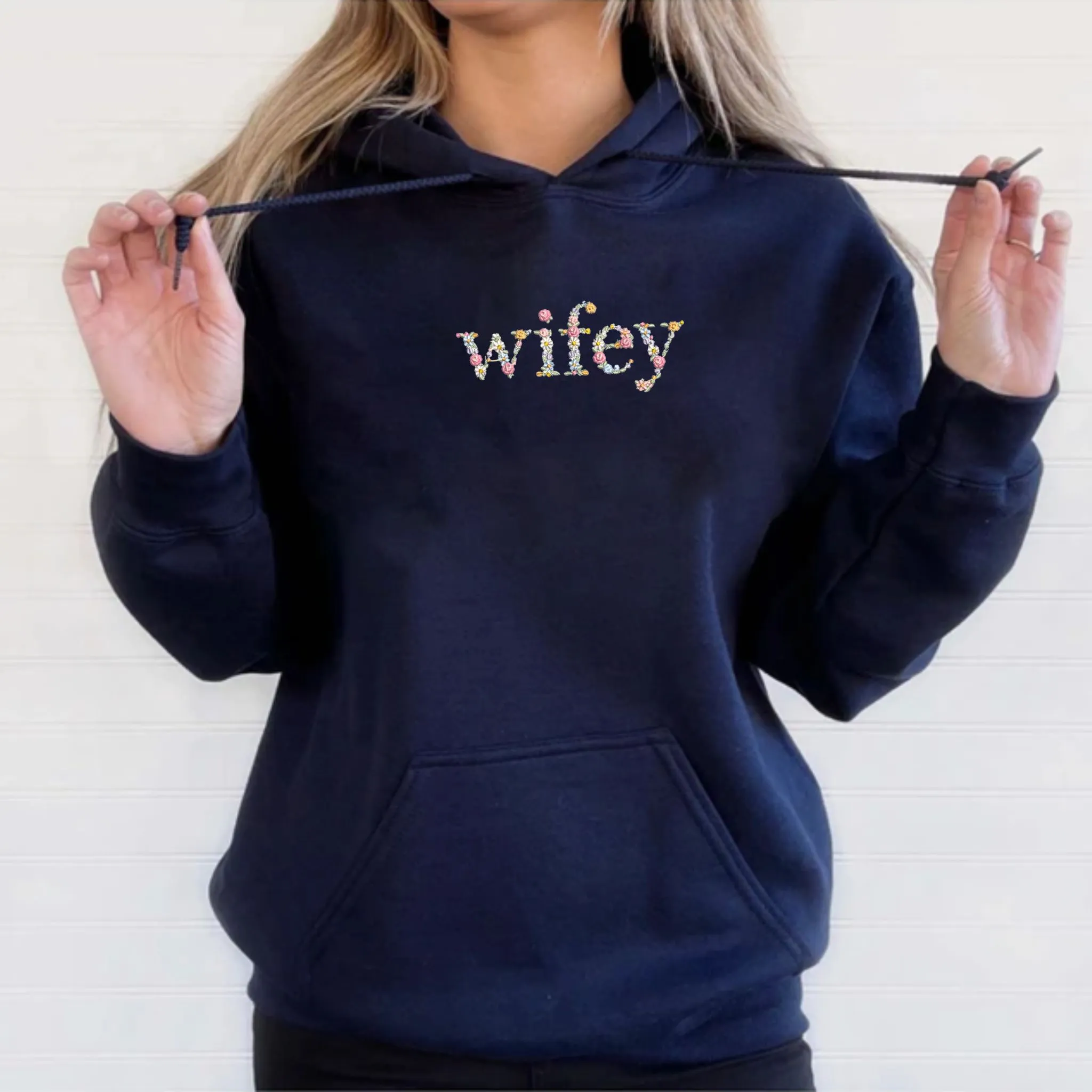Wifey Hoodie Custom Text Embroidered with Day On Sleeve, Best Valentine Gift For Wife