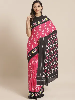 Wome Pink Black And Multi Printed Saree With Atteched Blouse Piece
