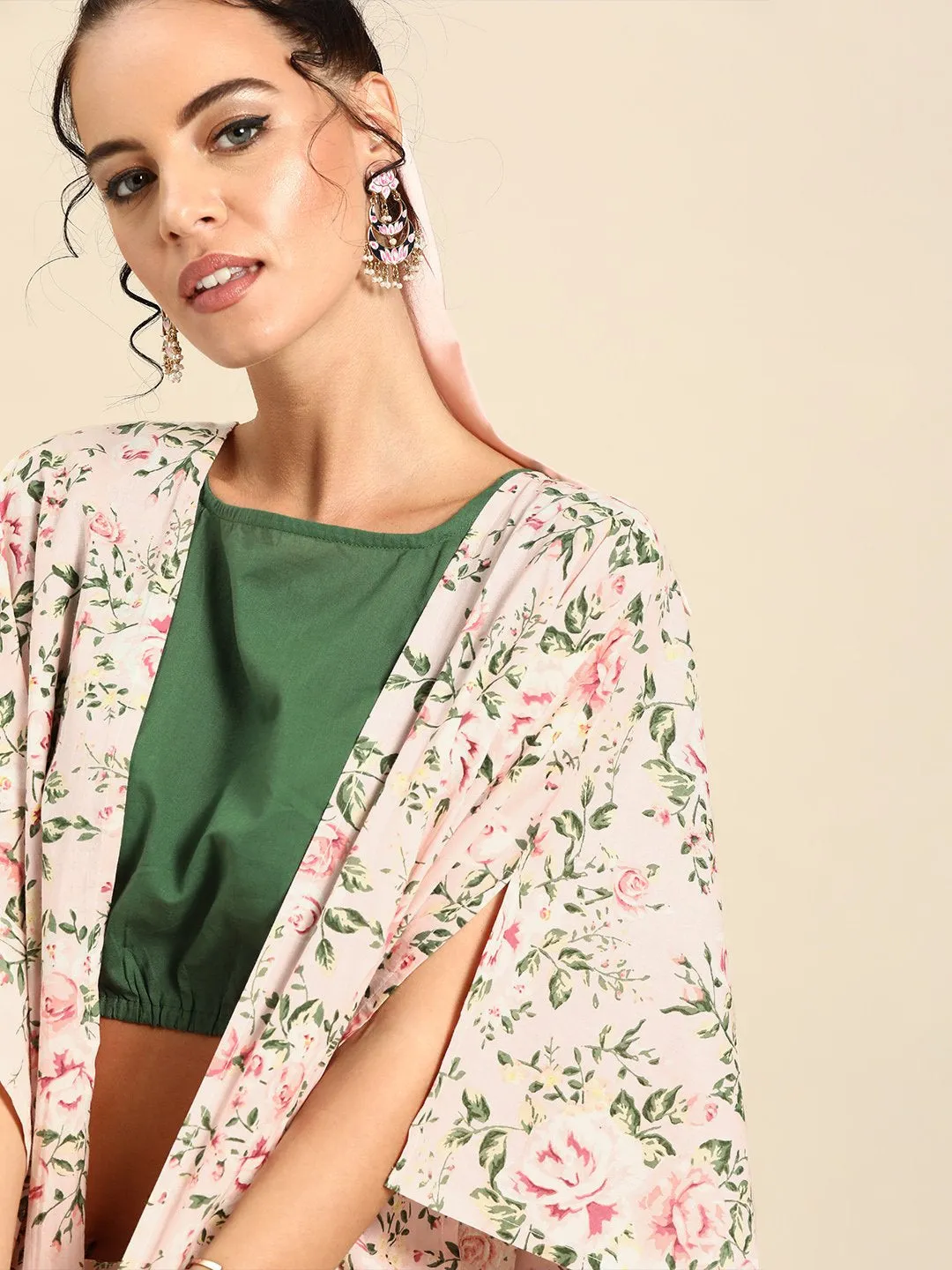 Women Baby Pink Pure Cotton Round Neck Crop Top With Palazzo And Cape