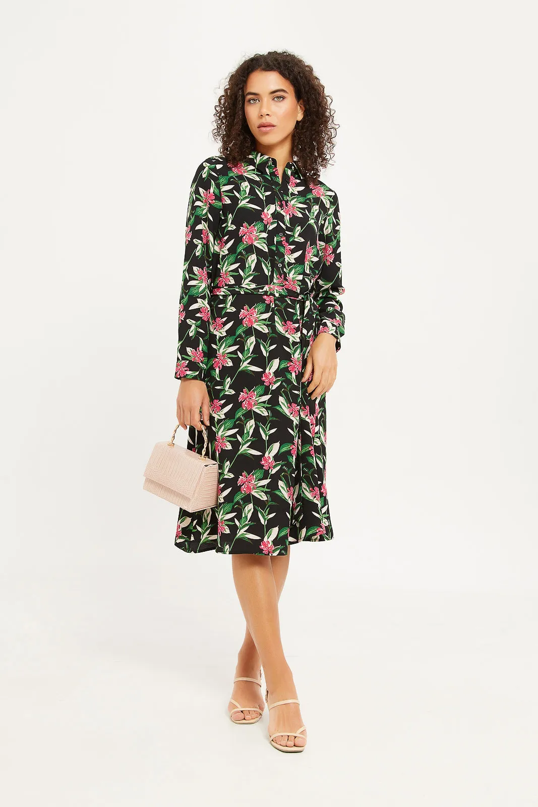 Women Balck Floral Print Shirt Dress