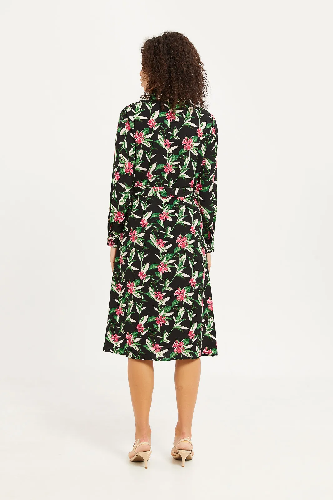 Women Balck Floral Print Shirt Dress