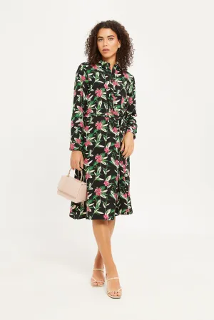 Women Balck Floral Print Shirt Dress