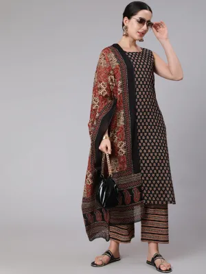 Women Black & Maroon Ethnic Motif Printed Sleevesless Straight Kurta With Palazzo And Dupatta