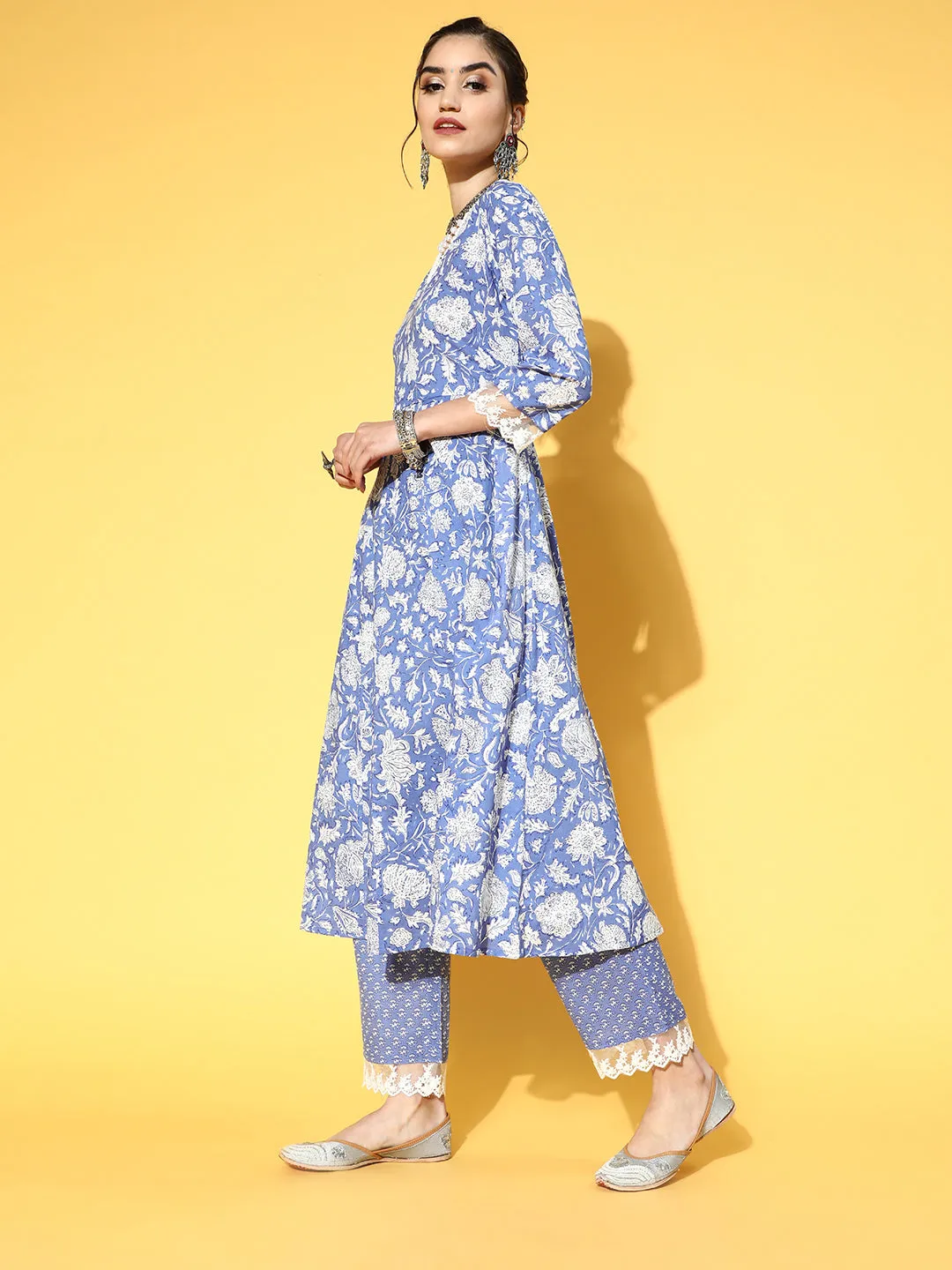 Women Blue & White Floral Printed Lace Work Cotton Kurta With Palazzos & Dupatta