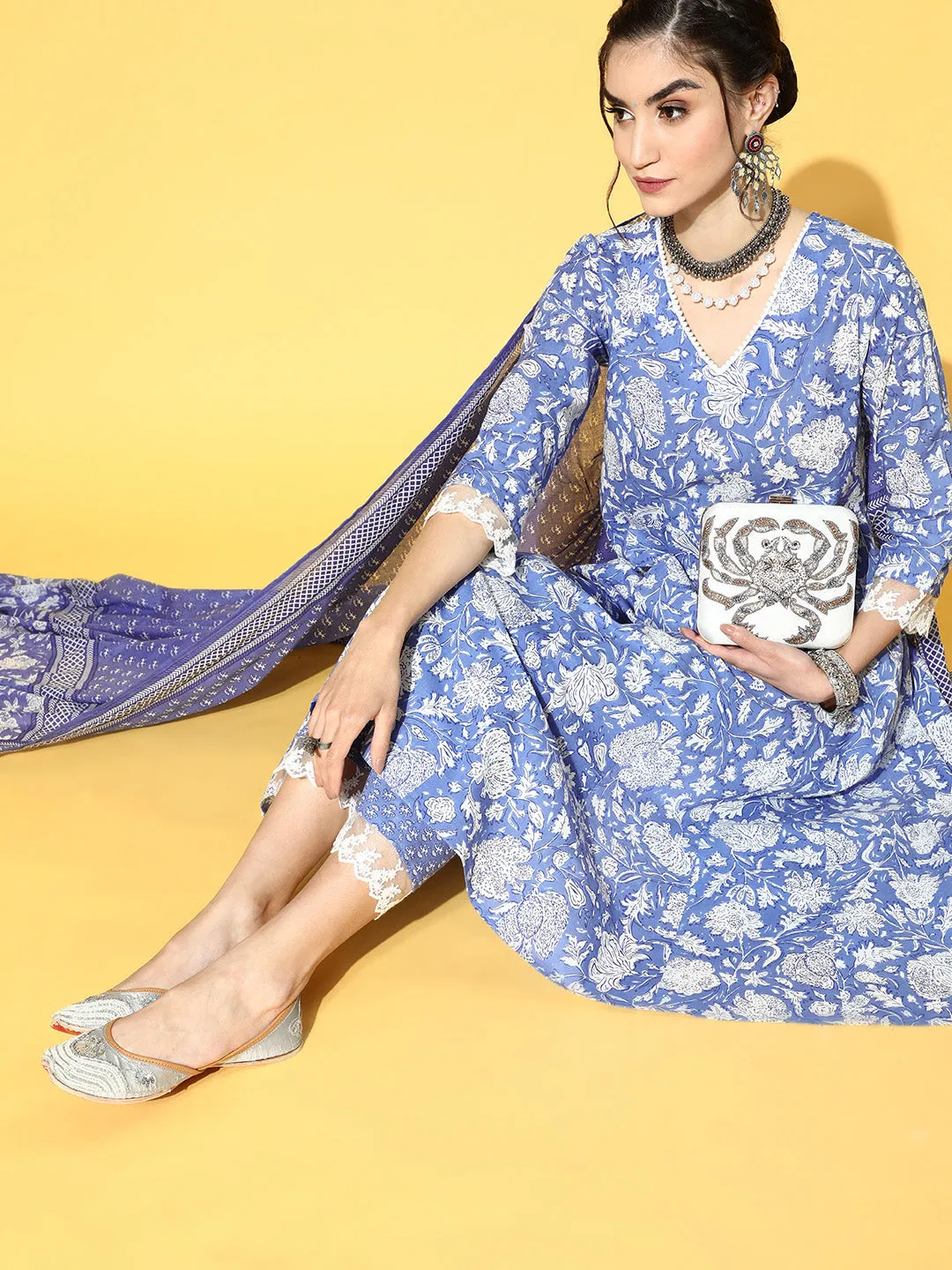 Women Blue & White Floral Printed Lace Work Cotton Kurta With Palazzos & Dupatta