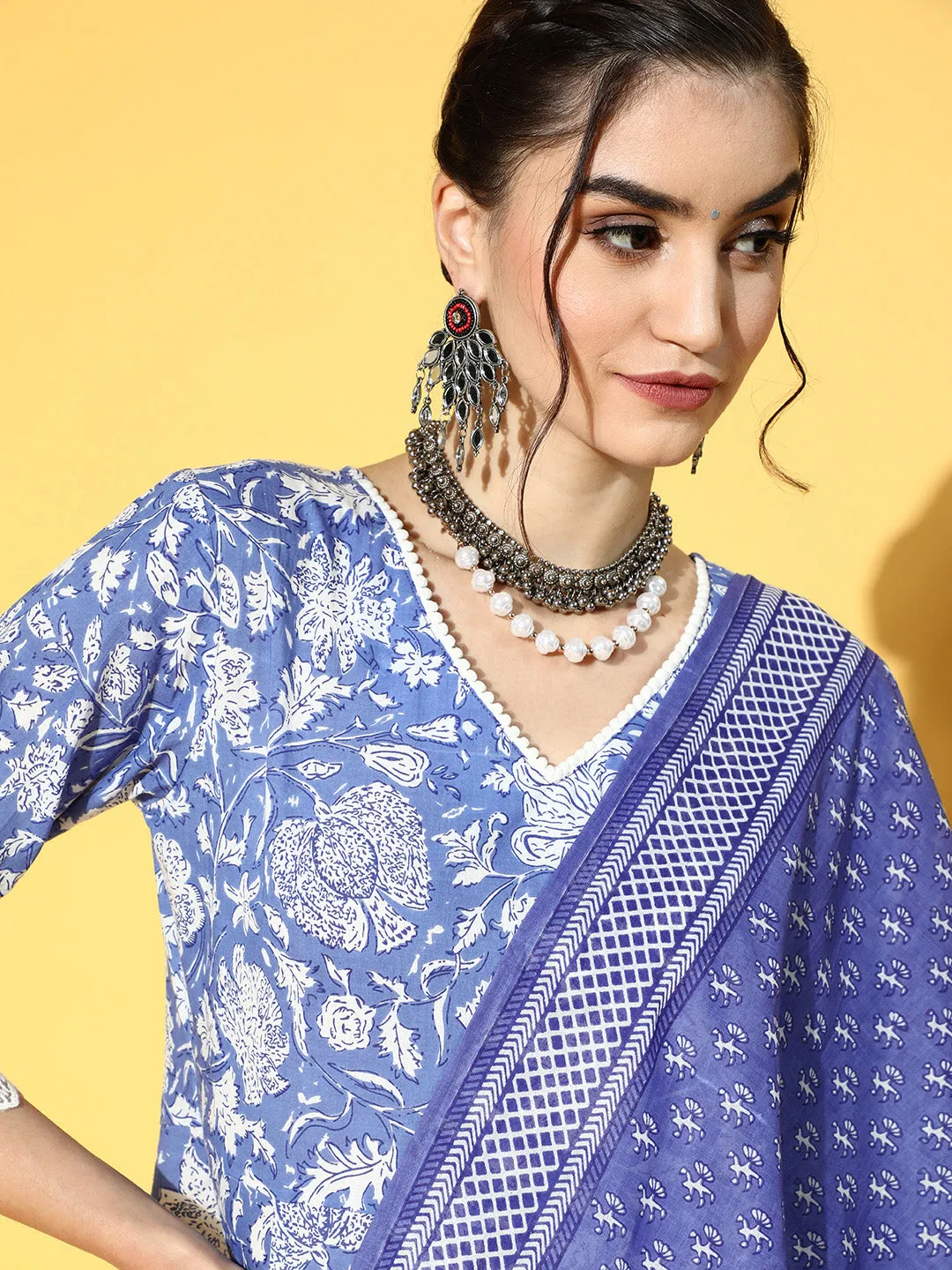 Women Blue & White Floral Printed Lace Work Cotton Kurta With Palazzos & Dupatta