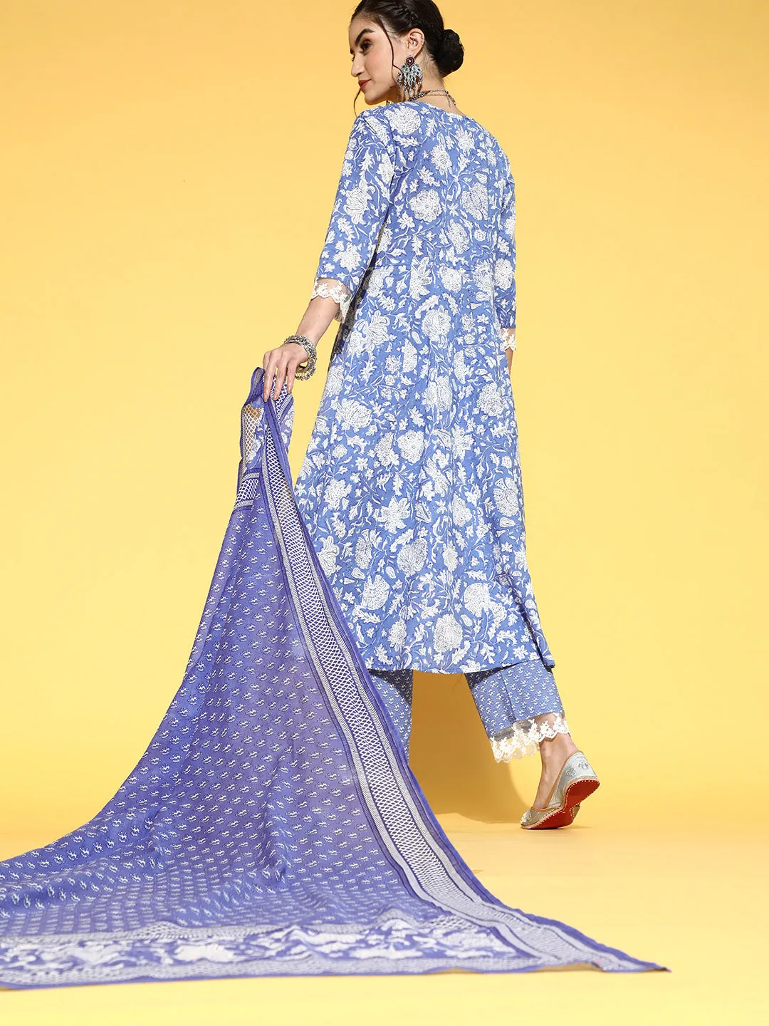 Women Blue & White Floral Printed Lace Work Cotton Kurta With Palazzos & Dupatta