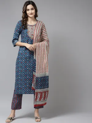 Women Blue Printed Pure Cotton Kurta With Palazzos & With Dupatta