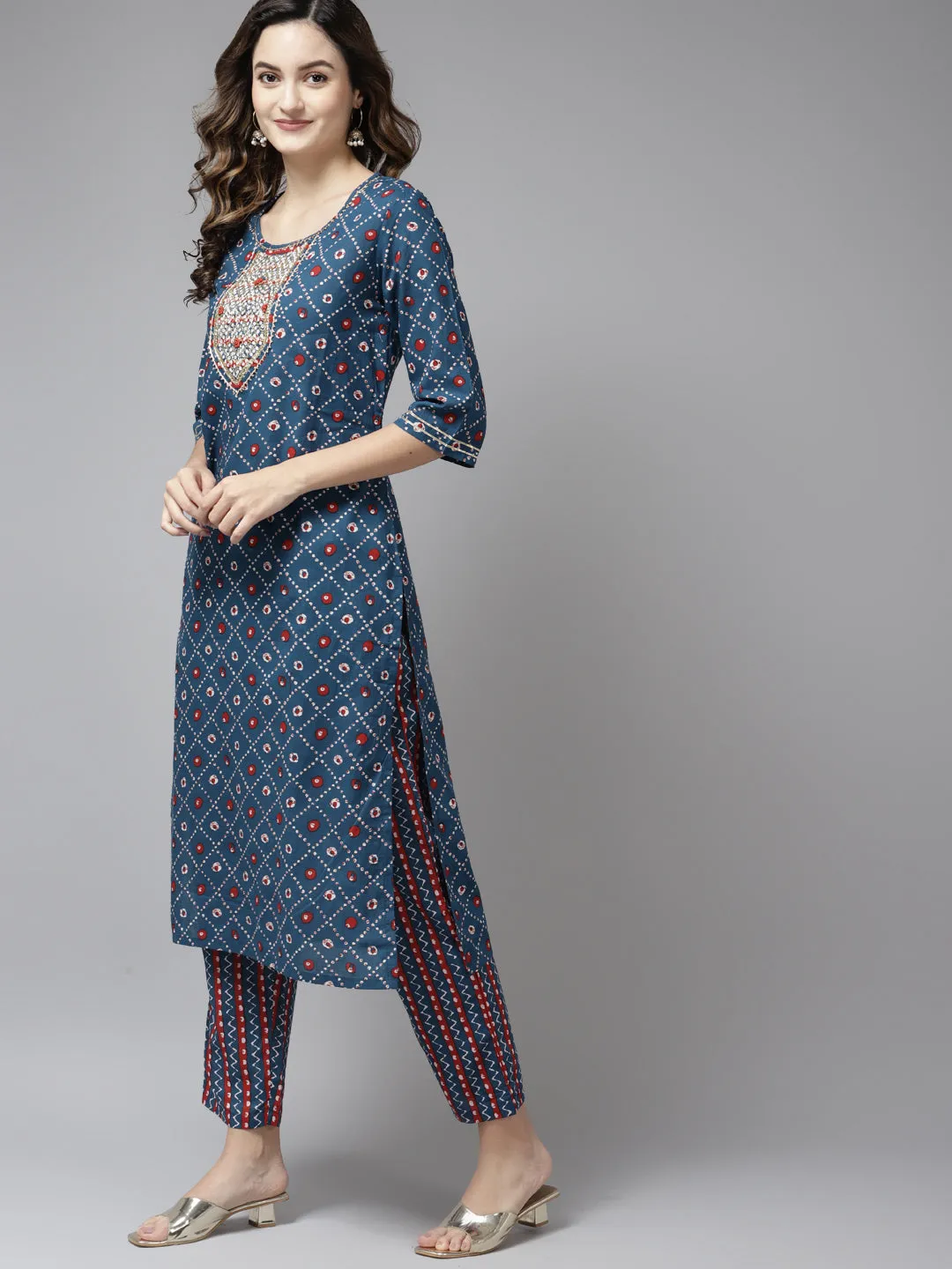 Women Blue Printed Pure Cotton Kurta With Palazzos & With Dupatta