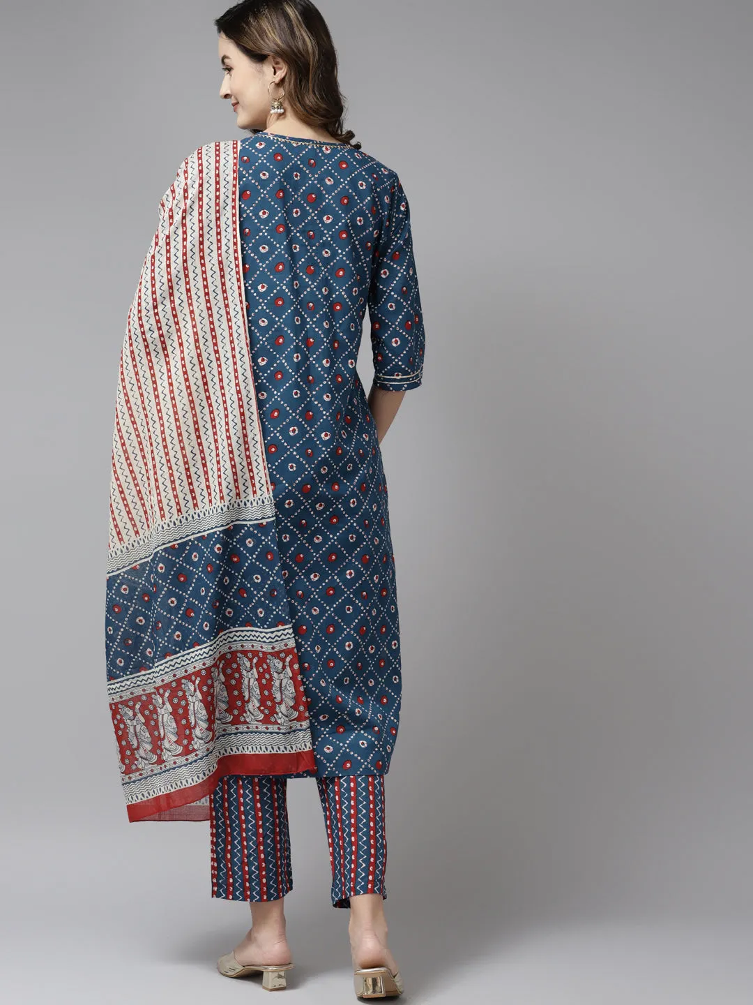 Women Blue Printed Pure Cotton Kurta With Palazzos & With Dupatta