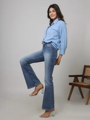 Women Light Blue Pure Cotton Solid Shirt
